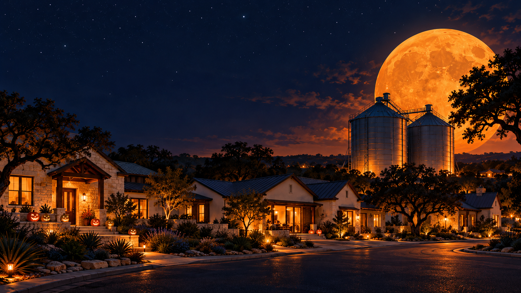 Halloween scene inspired by Silos: Texas homes, grain silos, and pumpkin porch lights